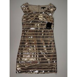 Gold Silver Sequin Striped Fitted Semi Formal Knee Length Dress Womens XS NWT